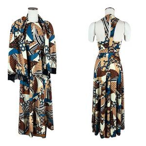 Vintage Neiman Marcus 60s/70s MOD Brown Abstract Maxi Dress Gown w/Wrap Shawl XS